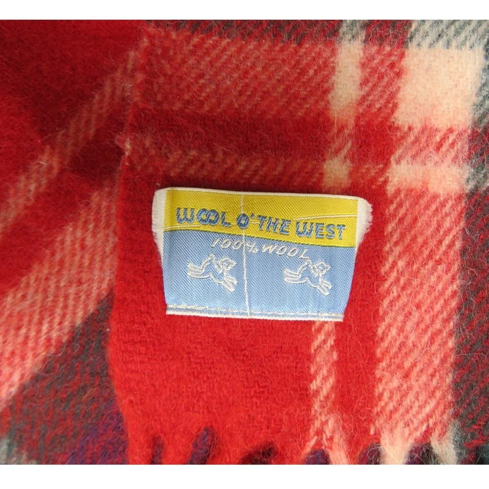 Wool O‎ The West Vintage 100% Wool Plaid Blanket Red Navy Blue Fringe Throw USA